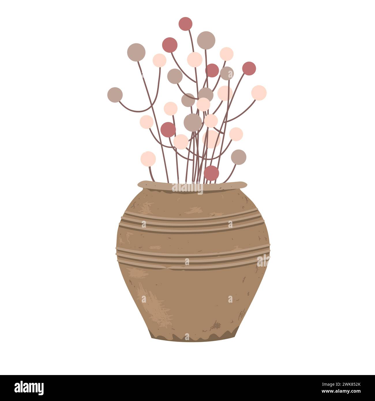 Vecchia pentola di argilla fatta a mano con rami secchi. Illustrazione isolata vettoriale. Arredamento minimalista e moderno. Illustrazione Vettoriale