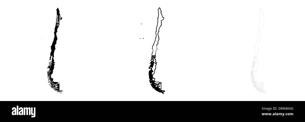 Silhouette del paese del Cile. Set di 3 mappe dettagliate alte. Silhouette nera piena, contorno nero spesso e contorno nero sottile. Illustrazione vettoriale isolata su sfondo bianco. Illustrazione Vettoriale