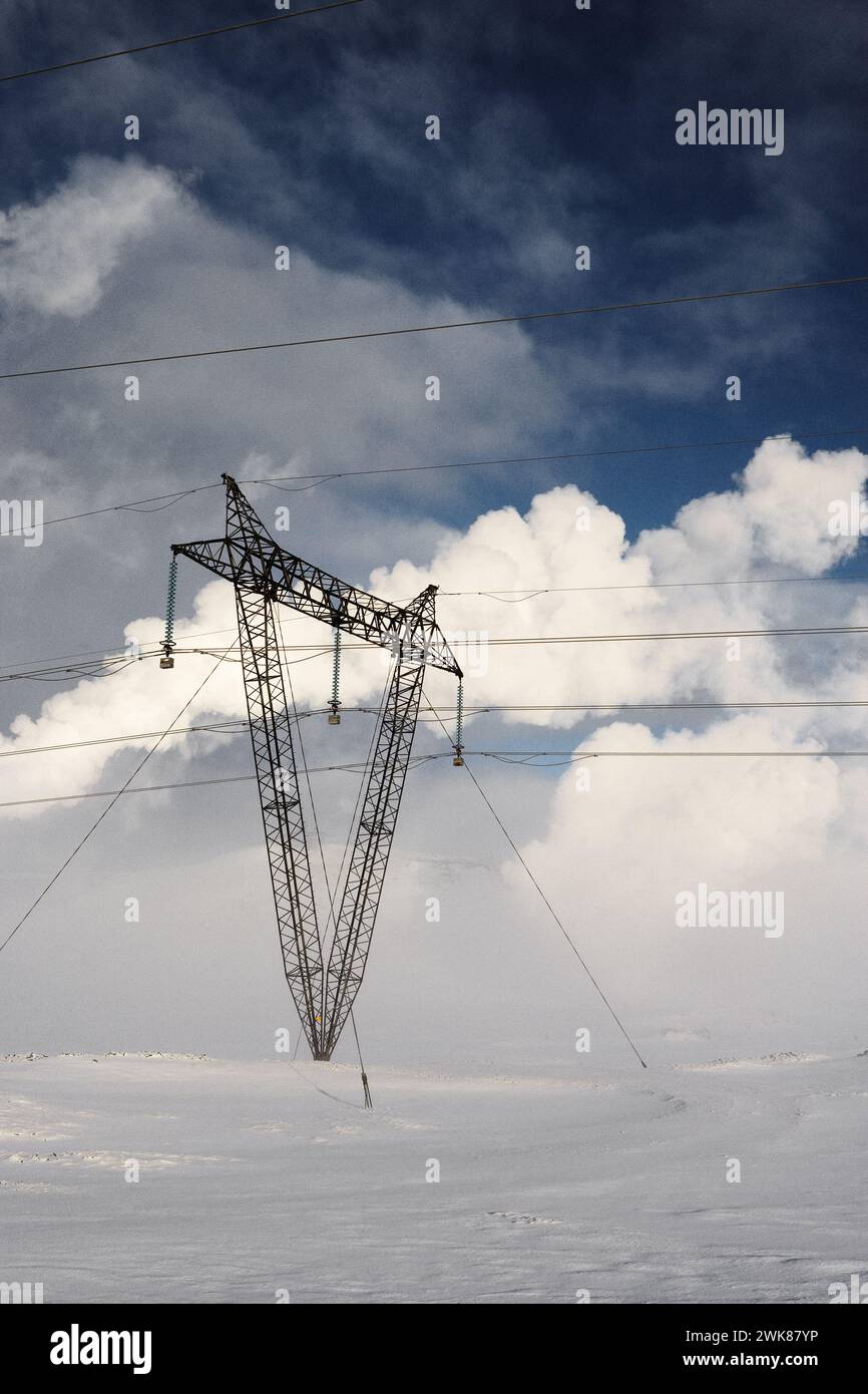 Linee elettriche in un paesaggio invernale Foto Stock