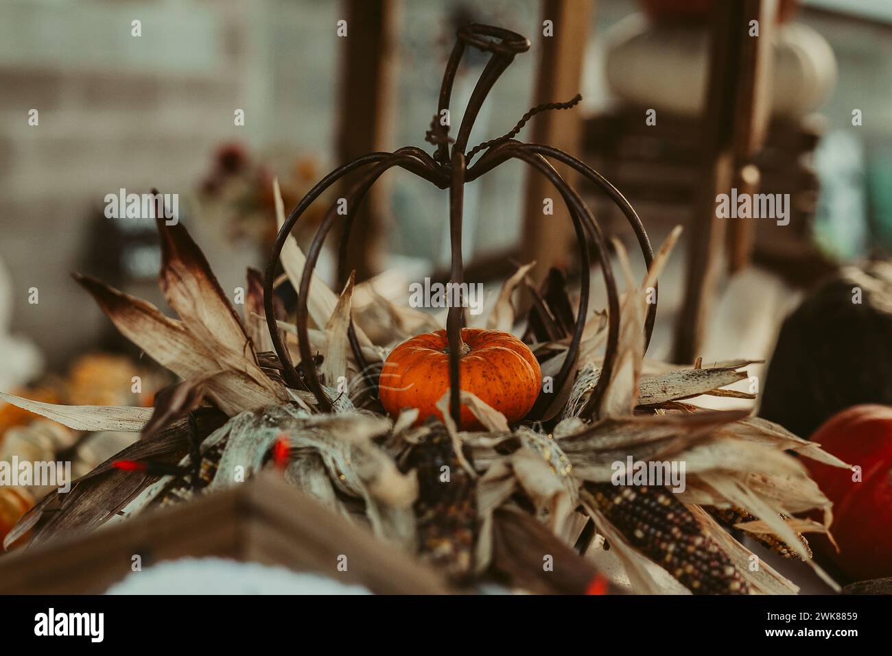Decorazioni con zucca in filo metallico con zucca all'interno sopra decorazioni di pannocchie di mais Foto Stock