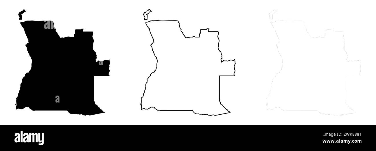 Silhouette di campagna dell'Angola. Set di 3 mappe dettagliate alte. Silhouette nera piena, contorno nero spesso e contorno nero sottile. Illustrazione vettoriale isolata su sfondo bianco. Illustrazione Vettoriale