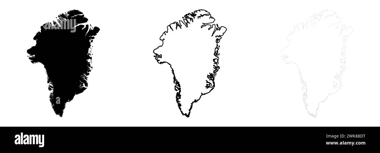 Profilo della Groenlandia. Set di 3 mappe dettagliate alte. Silhouette nera piena, contorno nero spesso e contorno nero sottile. Illustrazione vettoriale isolata su sfondo bianco. Illustrazione Vettoriale