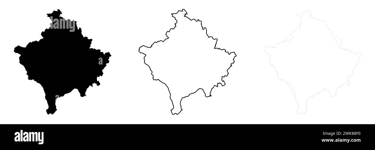 Silhouette del paese del Kosovo. Set di 3 mappe dettagliate alte. Silhouette nera piena, contorno nero spesso e contorno nero sottile. Illustrazione vettoriale isolata su sfondo bianco. Illustrazione Vettoriale