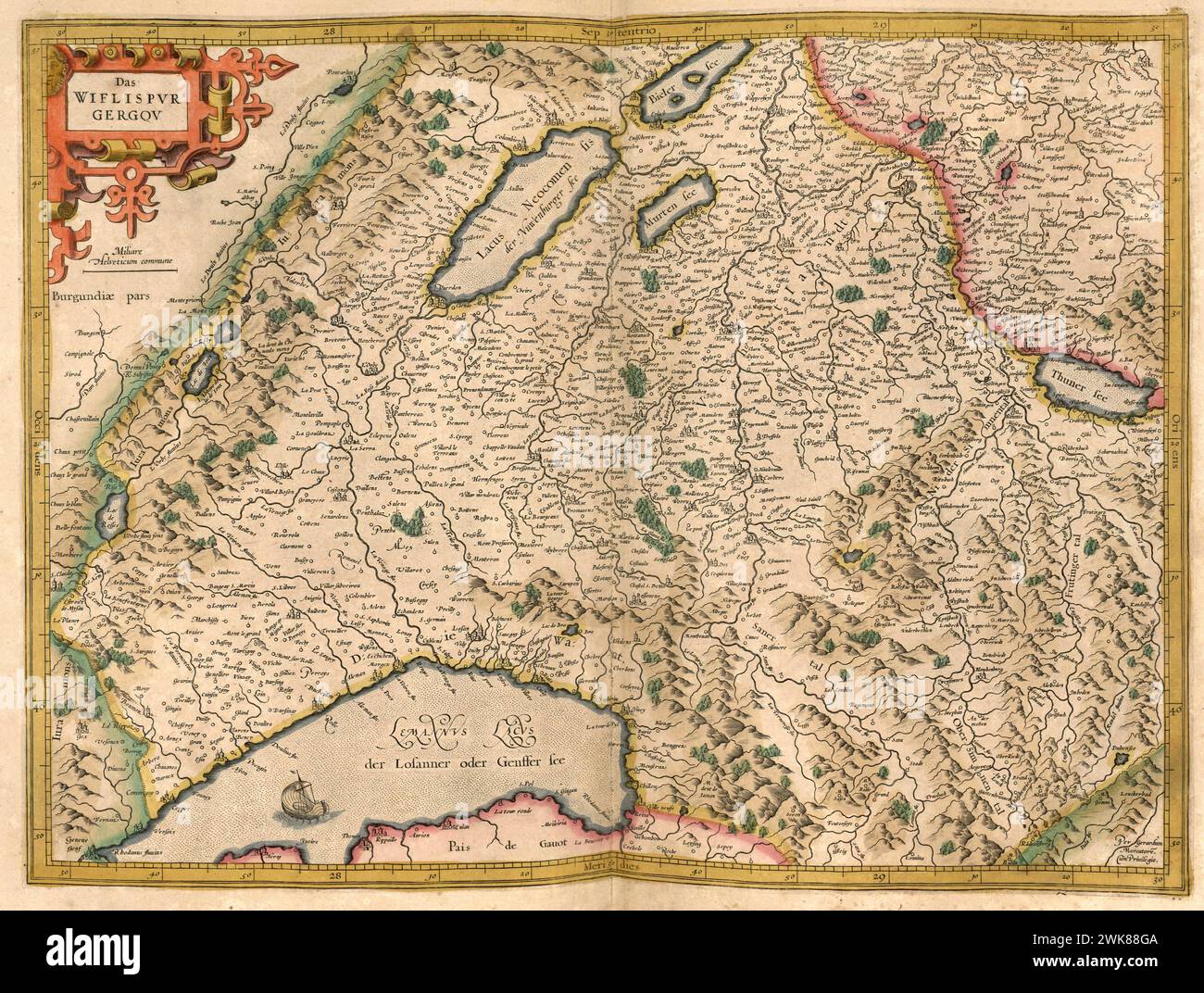 Atlas, mappa dal 1623, Canton Waardt, Svizzera, riproduzione restaurata digitalmente da un'incisione di Gerhard Mercator, nato come Gheert Cremer, 5 marzo 1512 - 2 dicembre 1594, geografo e cartografo / Landkarte aus dem Jahre 1623, Wiflisur Gergov, Kanton Waardt, Schweiz, restaurierte Reprodukupstich von Gerhard Geboren als Gheert Cremer, 5. März 1512 - 2. Dezember 1594, Geograph und Kartographf Foto Stock