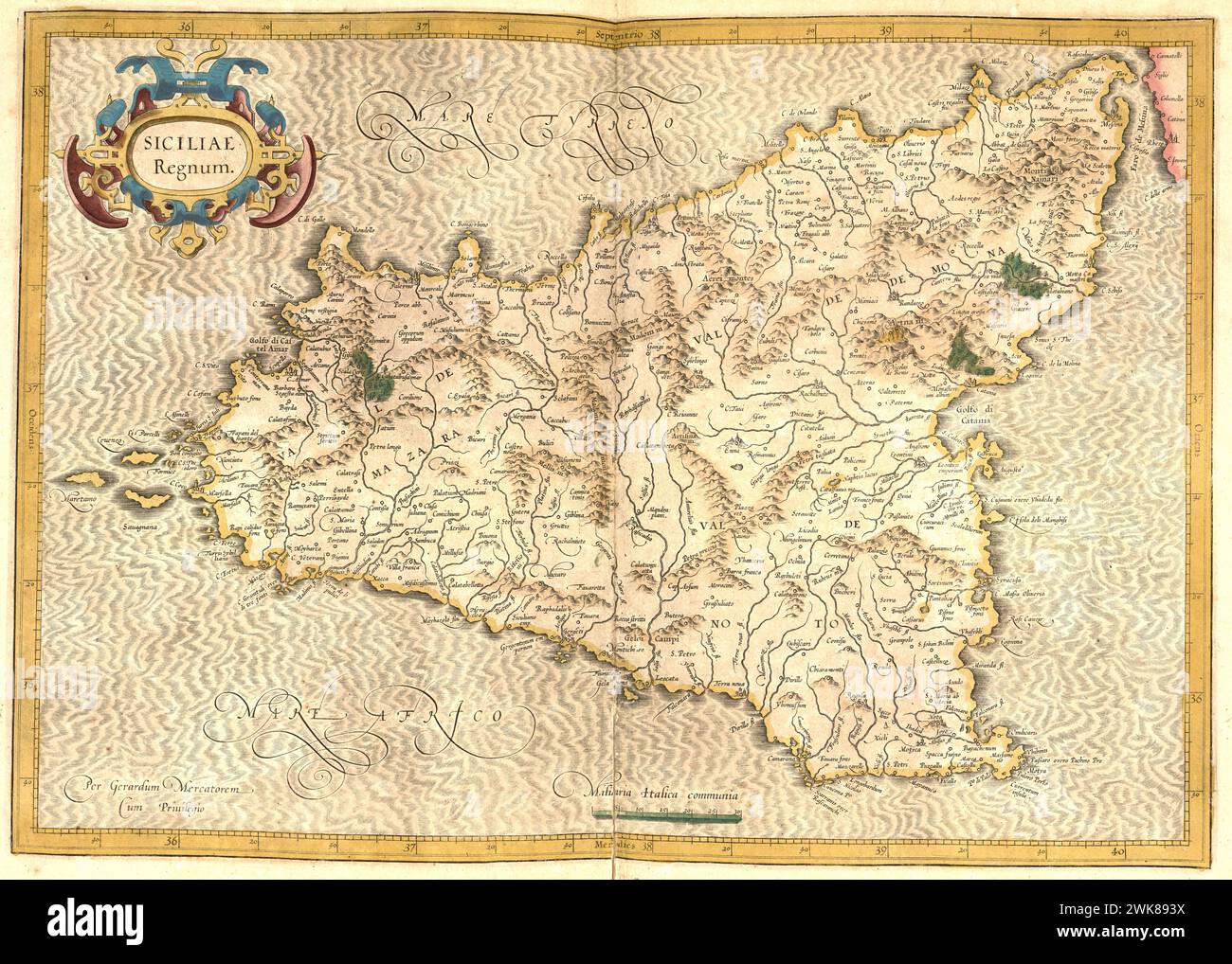 Atlas, mappa dal 1623, Sicilia, Italia, riproduzione restaurata digitalmente da un'incisione di Gerhard Mercator, nato come Gheert Cremer, 5 marzo 1512 - 2 dicembre 1594, geografo e cartografo / Landkarte aus dem Jahre 1623, Sizilien, Italien, restaurierte digitale Reproduktion von einem Kupferstich von Gerhard Mercator, Gheert Mercator 5. März 1512 - 2. Dezember 1594, Geograph und Kartographf Foto Stock
