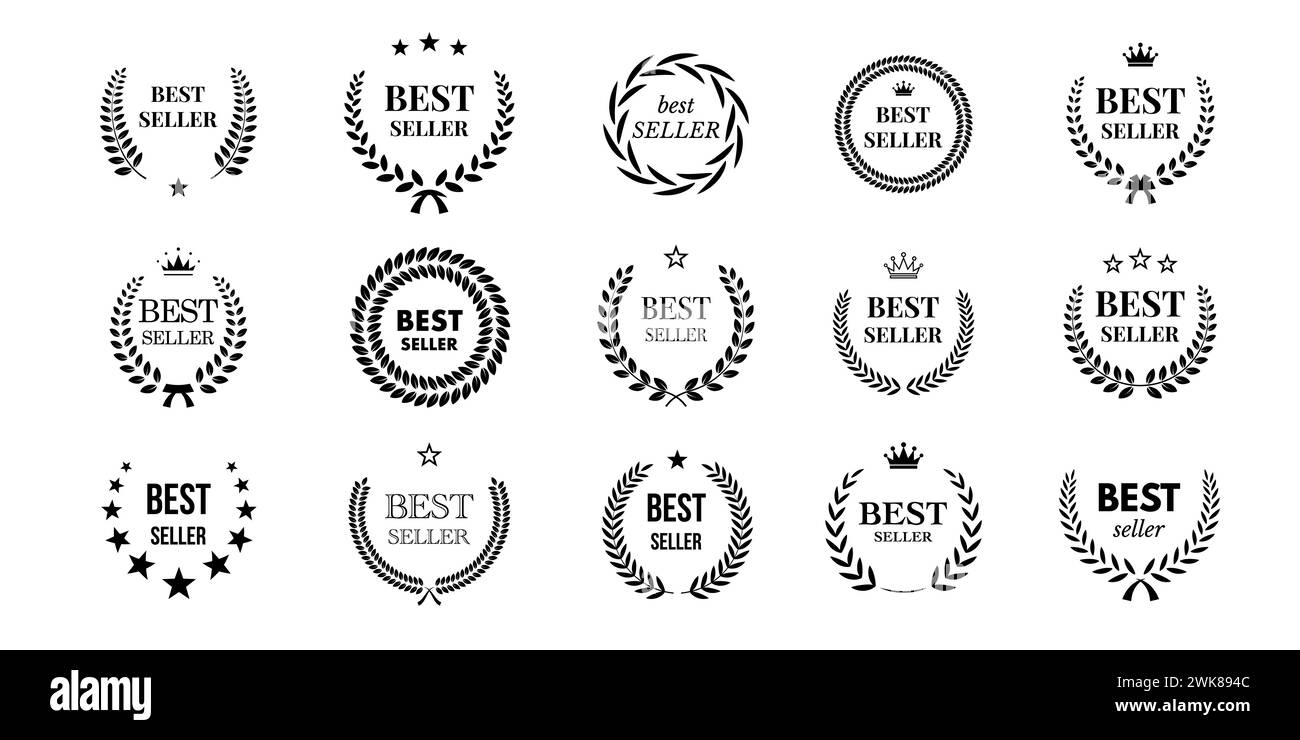 Set di francobolli BEST seller, badge con testo nero e foglie di alloro, corona, stelle Illustrazione Vettoriale
