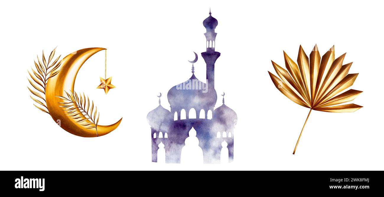 Serie di illustrazioni ad acquerello con luna crescente dorata araba islamica, stella su una catena e rami di palma da dattero e pampas, silhouette di mo islamico Foto Stock