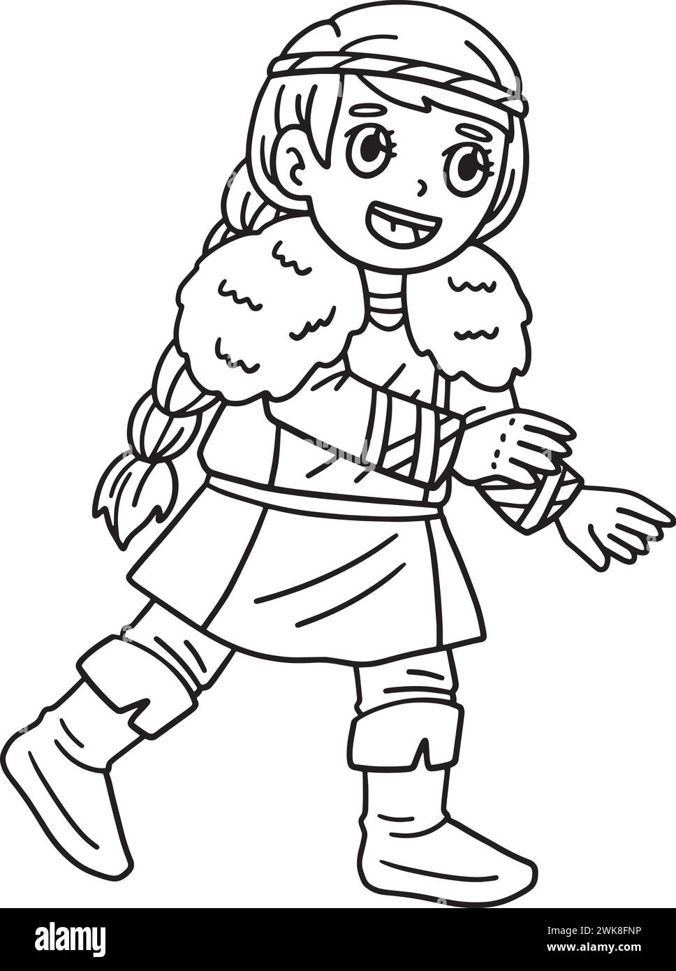 Viking Girl Isolated Coloring Page for Kids Illustrazione Vettoriale