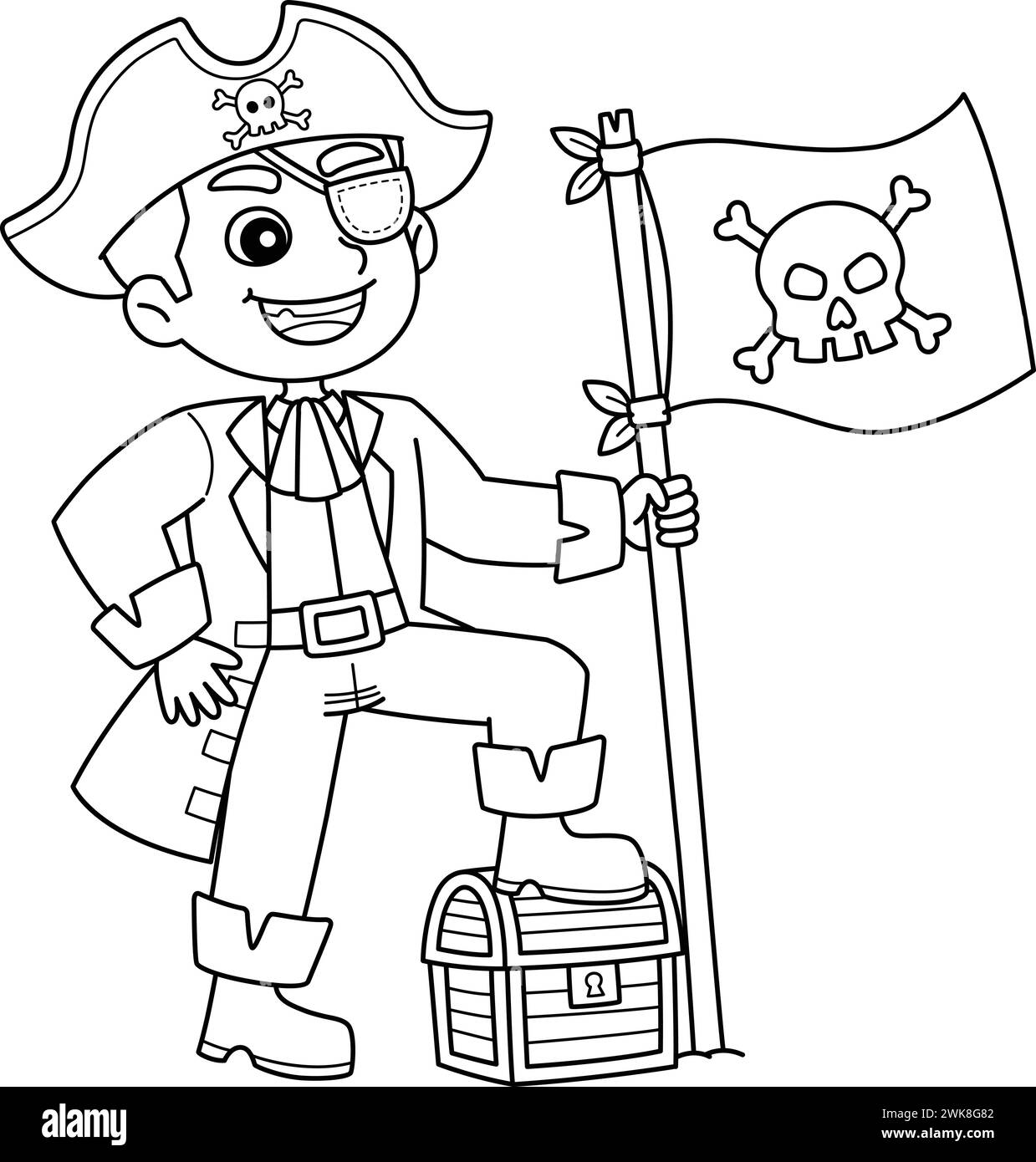 Pirata con una Jolly Roger Flag Coloring isolato Illustrazione Vettoriale