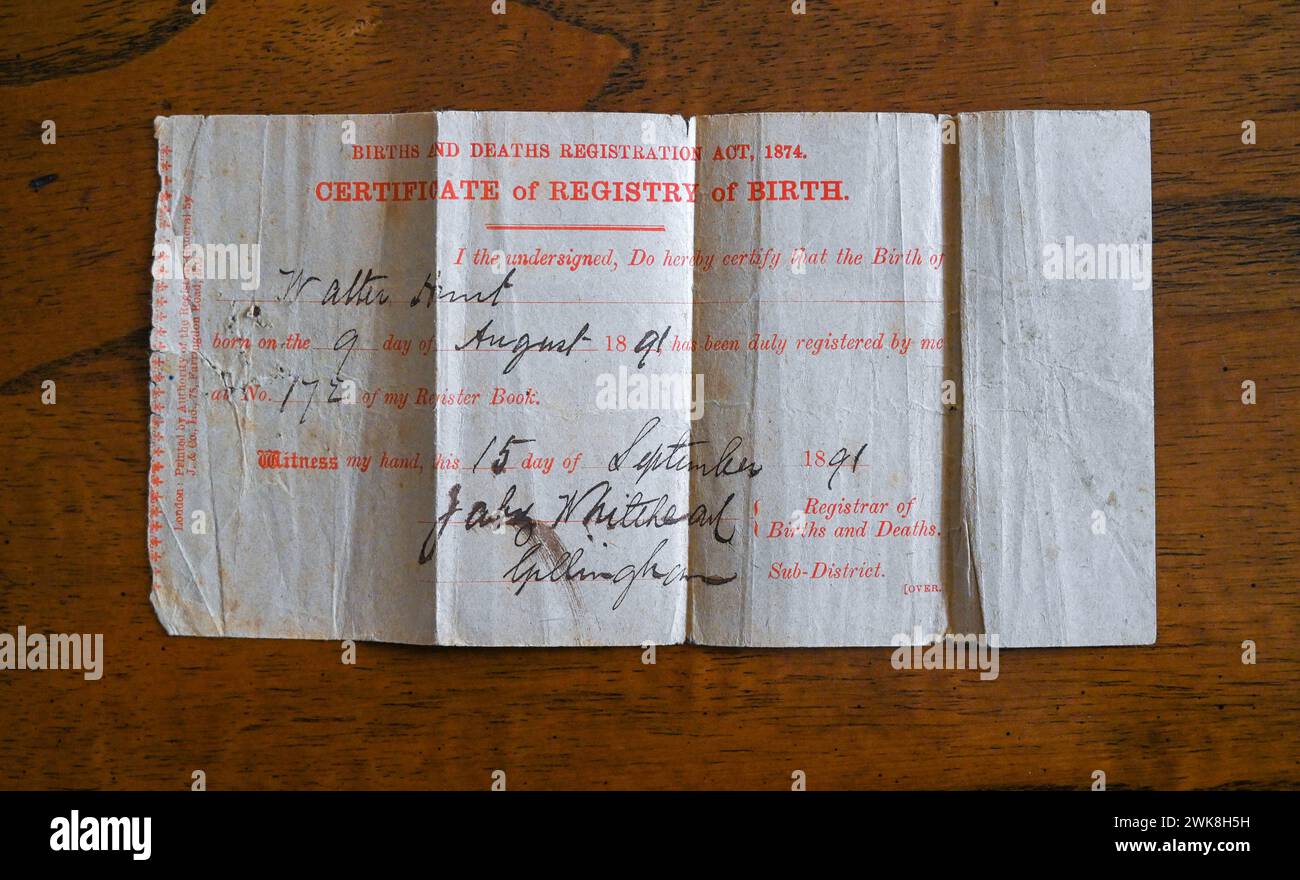 Copia del certificato di nascita per Walter Hunt nel 1891 Foto Stock