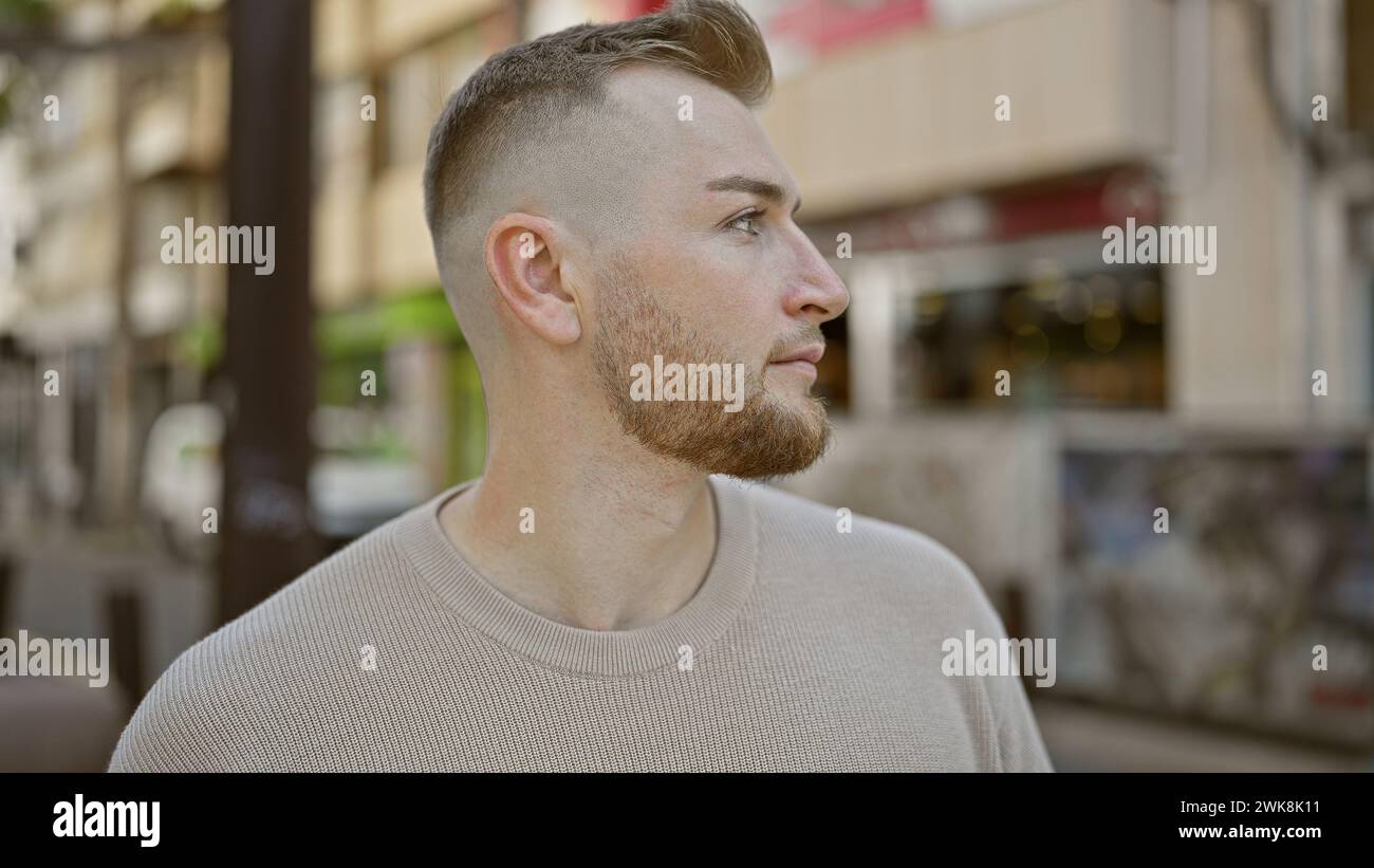 Bell'uomo con vista del profilo della barba in un ambiente urbano, informale, diurno, sfondo urbano Foto Stock