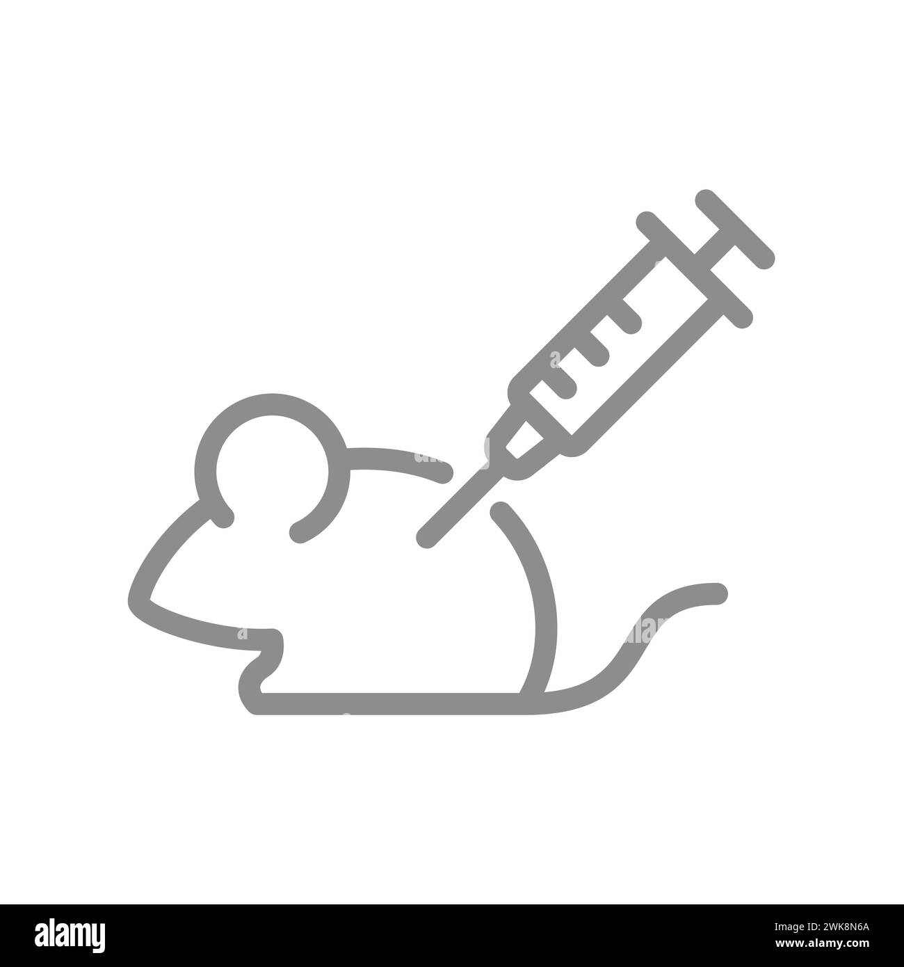 Test sugli animali, icona del vettore di sperimentazione medica. Profilo del mouse e della siringa da laboratorio, tratto modificabile. Illustrazione Vettoriale