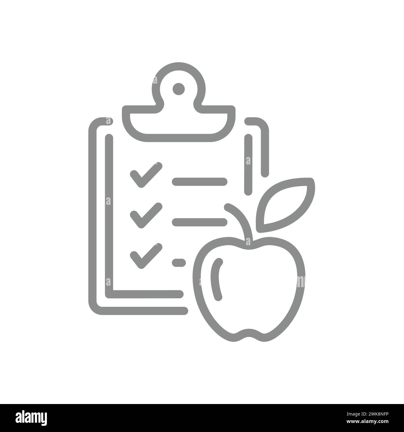 Icona del vettore della linea del piano dietetico e del diario alimentare. Appunti con mela e lista di controllo. Traccia modificabile. Illustrazione Vettoriale