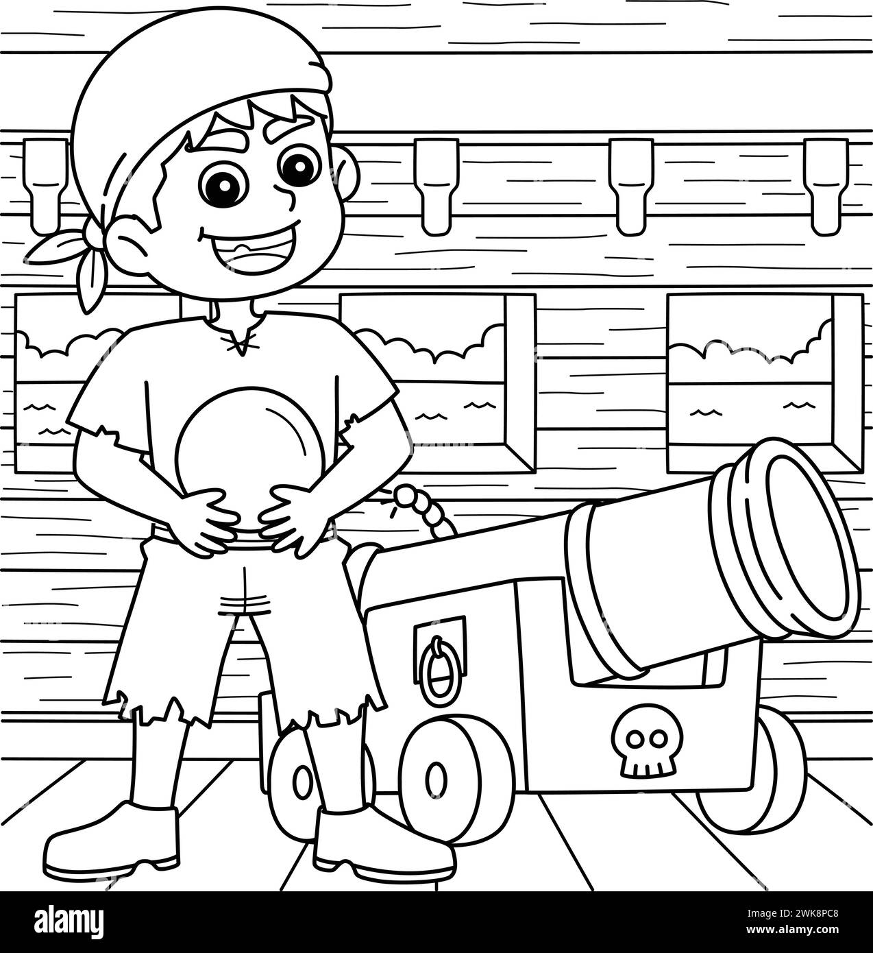 Pirata con Canon Coloring Page per bambini Illustrazione Vettoriale