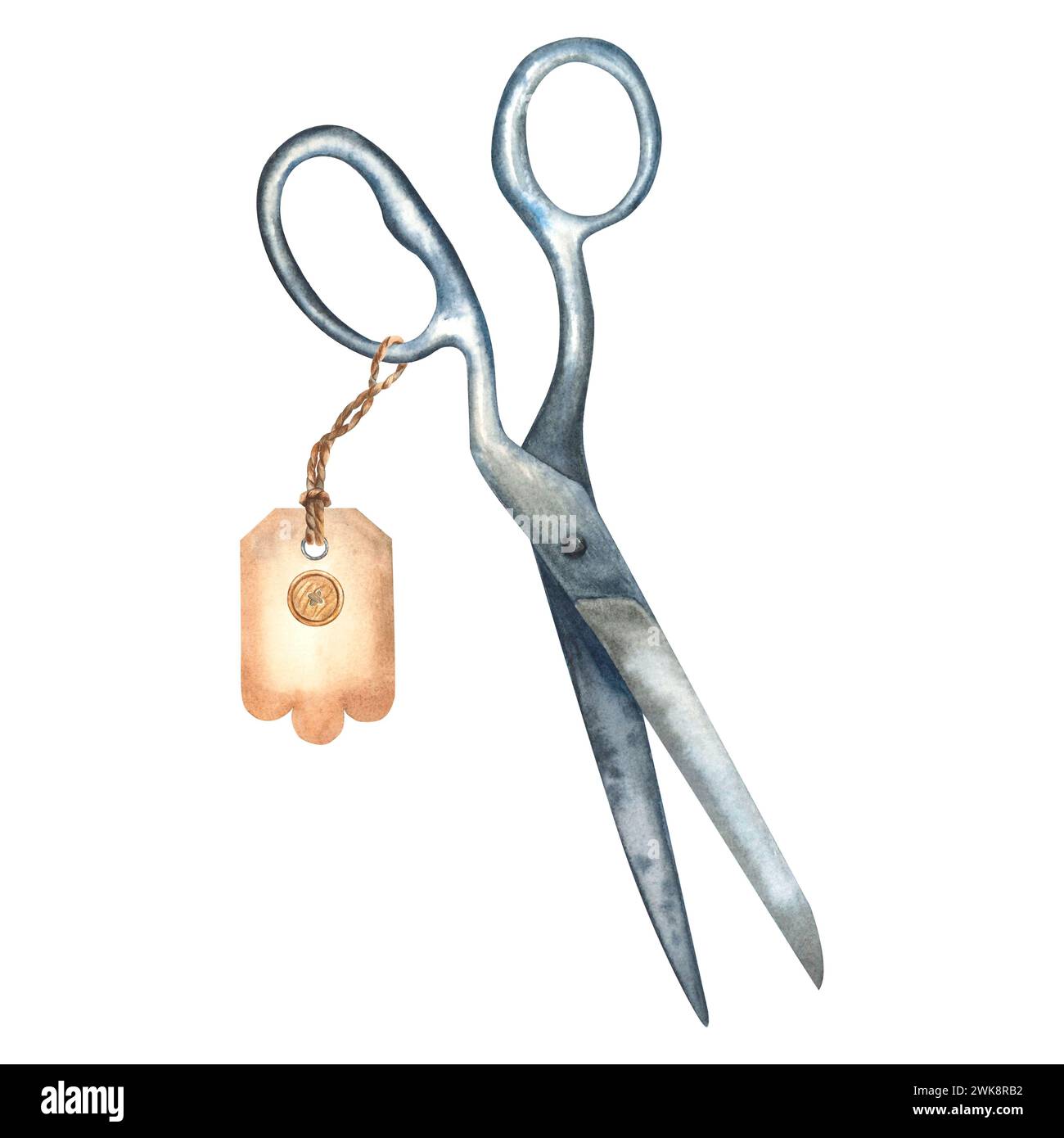 Illustrazione ad acquerello di vecchie forbici in metallo aperto e etichetta di carta artigianale con un bottone cucito sopra. Illustrazione disegnata a mano sul retro isolato Foto Stock