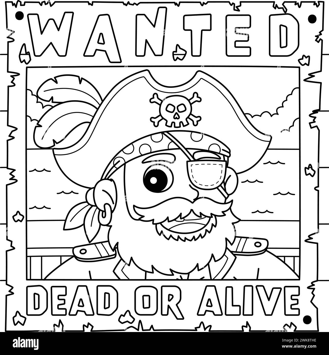 Pagina da colorare poster Pirate Wanted per bambini Illustrazione Vettoriale