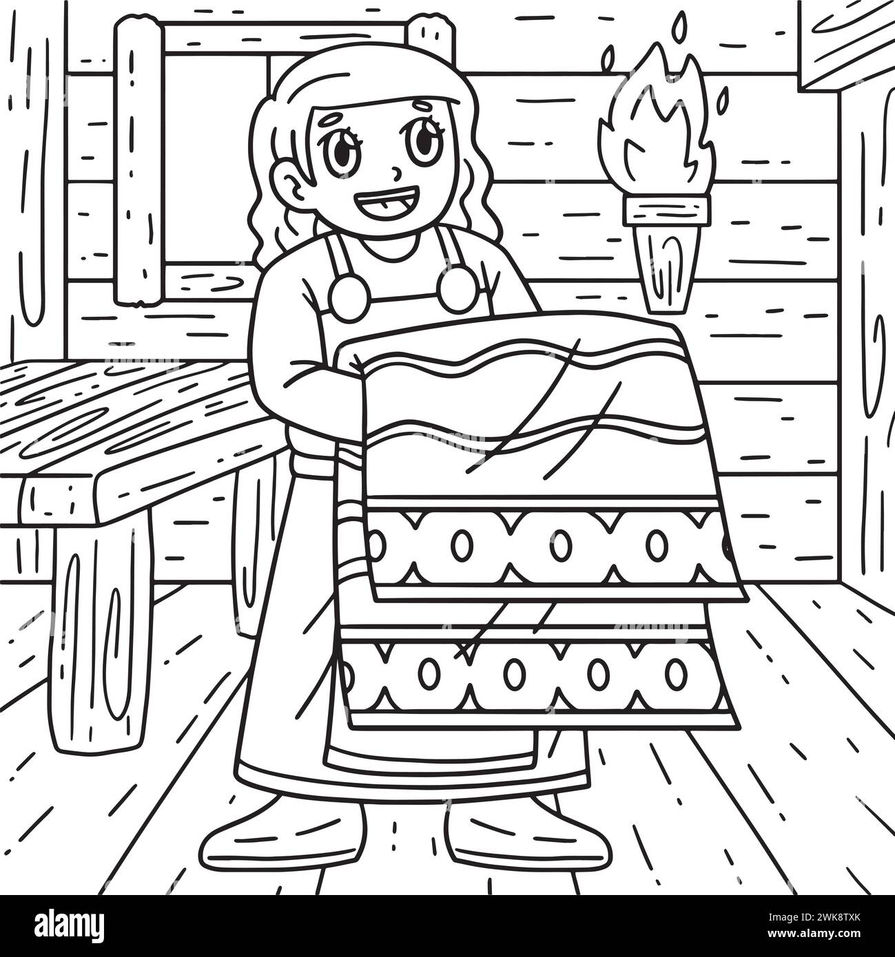 Viking con Tapestry pagina da colorare per bambini Illustrazione Vettoriale