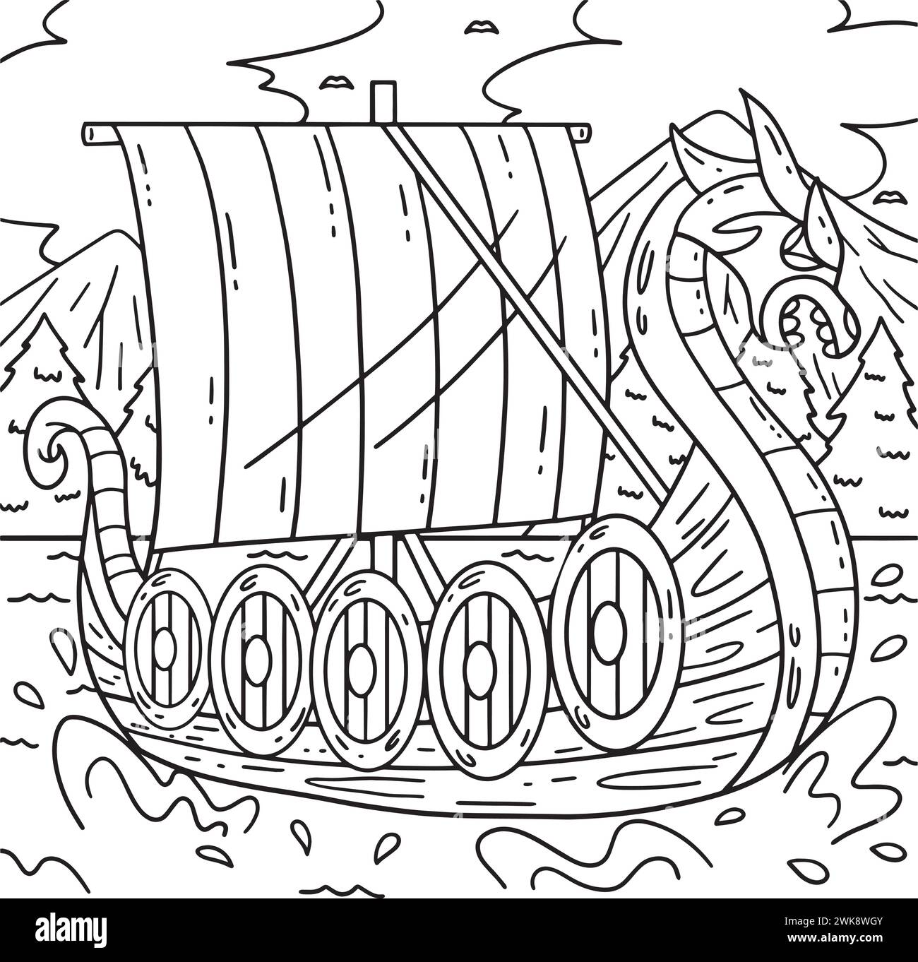 Pagina dei colori della nave vichinga per bambini Illustrazione Vettoriale
