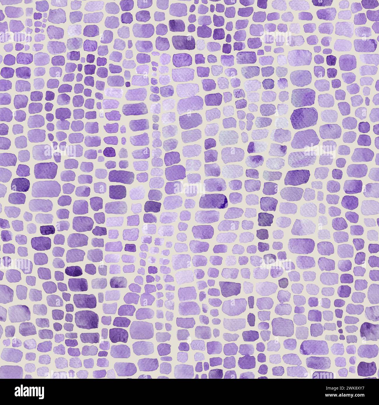 Rettili di coccodrillo astratto scaglie di lavanda e acquerello bianco sfondo senza cuciture. Acquerello stampa in scala di pelle di animali disegnata a mano. Testo geometrico Foto Stock