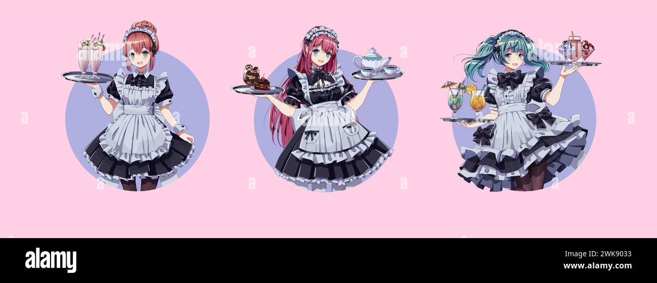 Cameriere con avatar vettoriali rotondi in uniforme. Adorabili donne anime che tengono vassoi con torte e bevande loghi rotondi su sfondo rosa Illustrazione Vettoriale