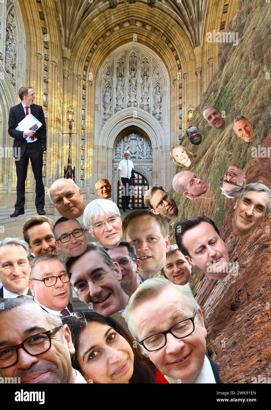 Abstract quotidiano. Satira. Nel frattempo, nel Palazzo di Westminster, l'editore politico Chris Mason è arrabbiato per l'entità della vittoria schiacciante del partito laburista nelle elezioni generali che spostano i conservatori da un partito di governo a un partito di opposizione. 2024 risultati delle elezioni generali. Daniel Kawczynski , il più alto deputato del Regno Unito, in piedi sul retro dell'immagine. Fotografia e montaggio di Russell Moore. Foto Stock