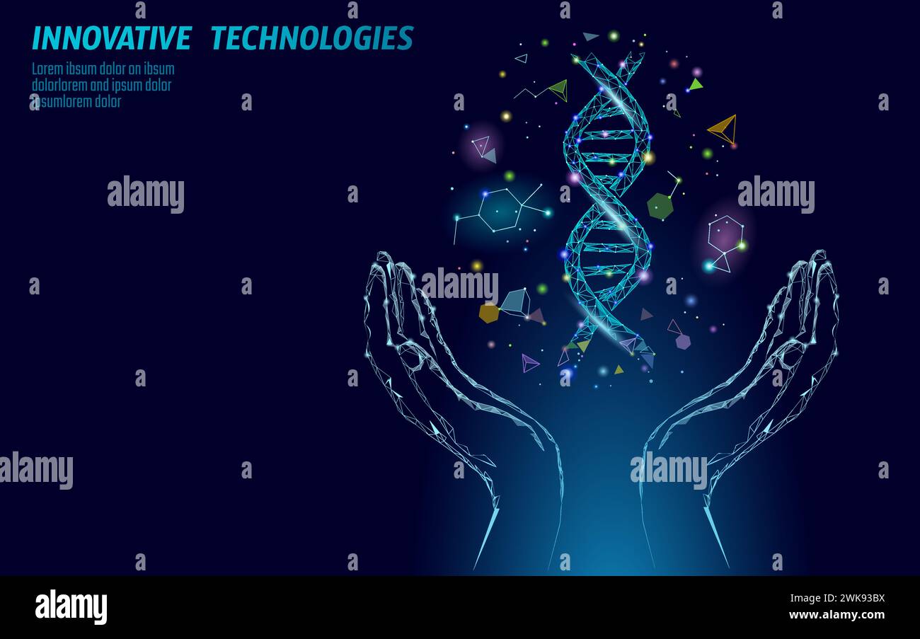 Struttura molecolare chimica DNA 3D mani basso poli. Linea del punto del triangolo poligonale parte cellulare sana. Microscopica scienza blu medicina genoma Engineeri Illustrazione Vettoriale