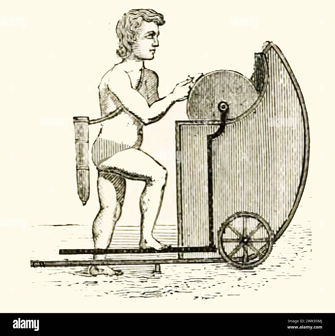 Un' antica incisione che mostra un macinacaffè romano che lavora come commerciante di strada - una vecchia incisione che mostra un arrotino romano che lavorava come commerciante ambulante - Foto Stock