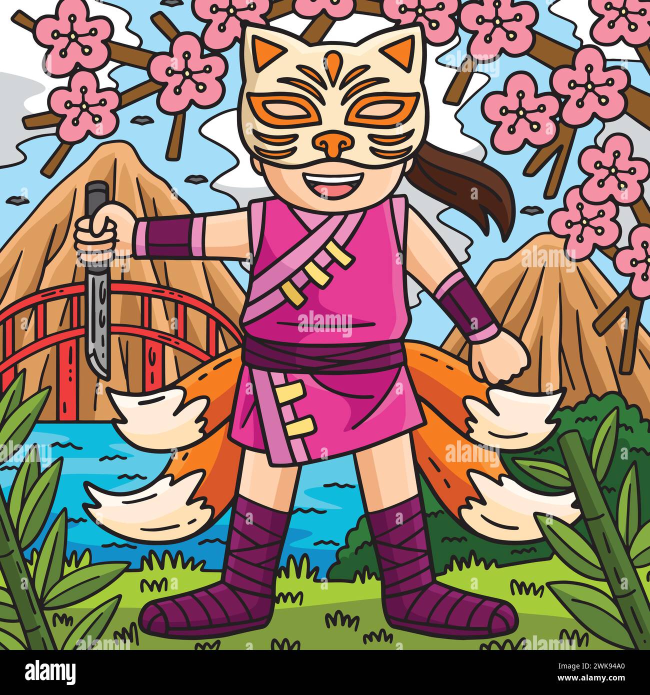 Ninja con maschera Kitsune e cartone animato color coda Illustrazione Vettoriale