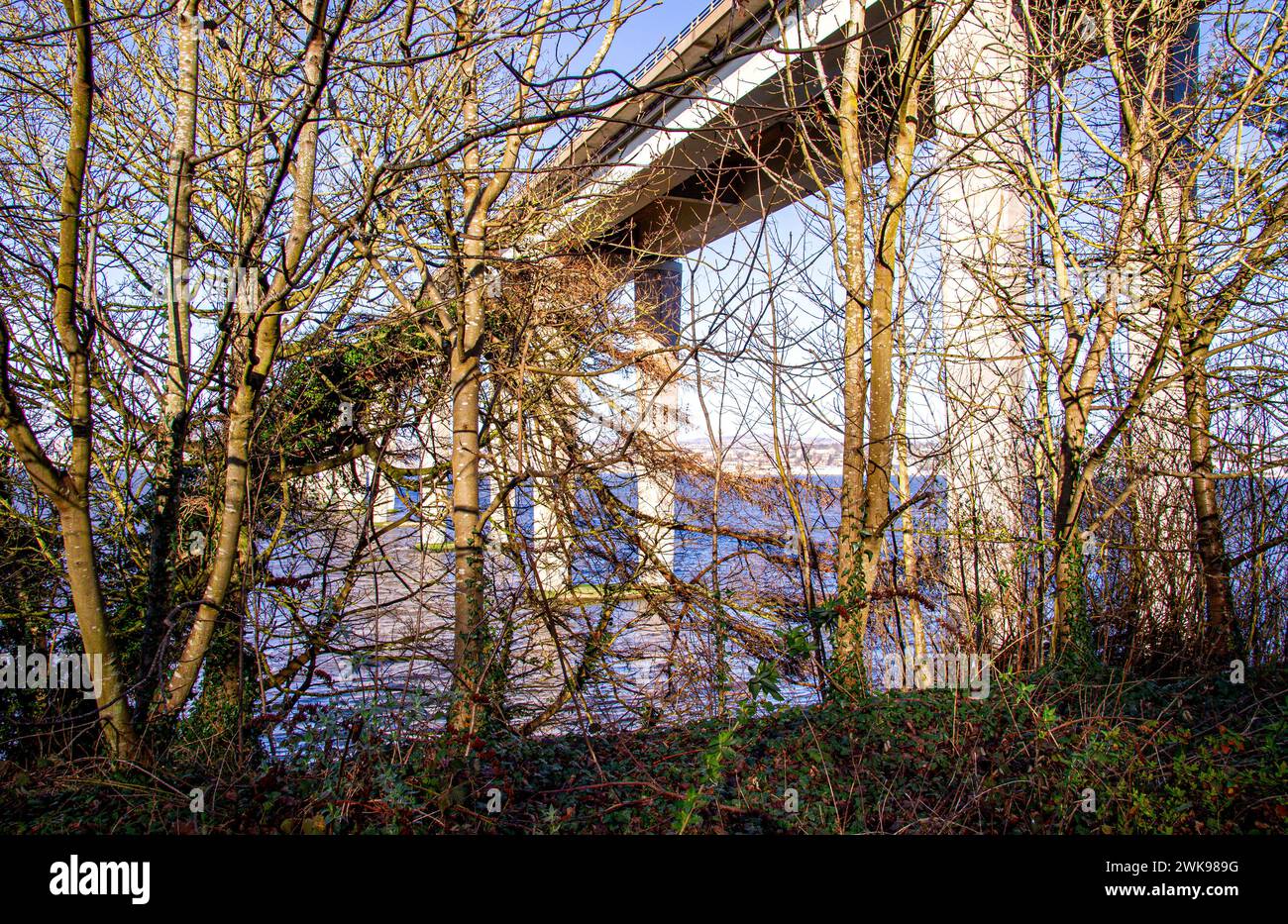 Dundee, Tayside, Scozia, Regno Unito. 19 febbraio 2024. Meteo nel Regno Unito: Una mattinata di febbraio a Dundee sotto il sole brillante con altezze di circa 10°C.. Vista dall'altra parte del fiume Tay a Newport-on-Tay a Fife, questa incredibile vista panoramica comprende Dundee City, il turbolento fiume Tay, ponti stradali e ferroviari e il Waterfront Development Project. Crediti: Dundee Photographics/Alamy Live News Foto Stock