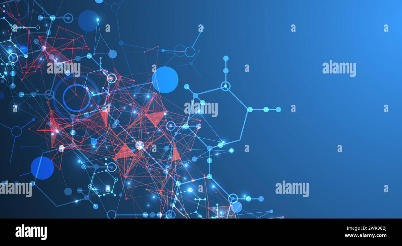 Contesto astratto su un tema scientifico e tecnologico. Immagine di esagoni su sfondo blu scuro con effetto plesso di colore. Veicolo disegnato a mano Illustrazione Vettoriale