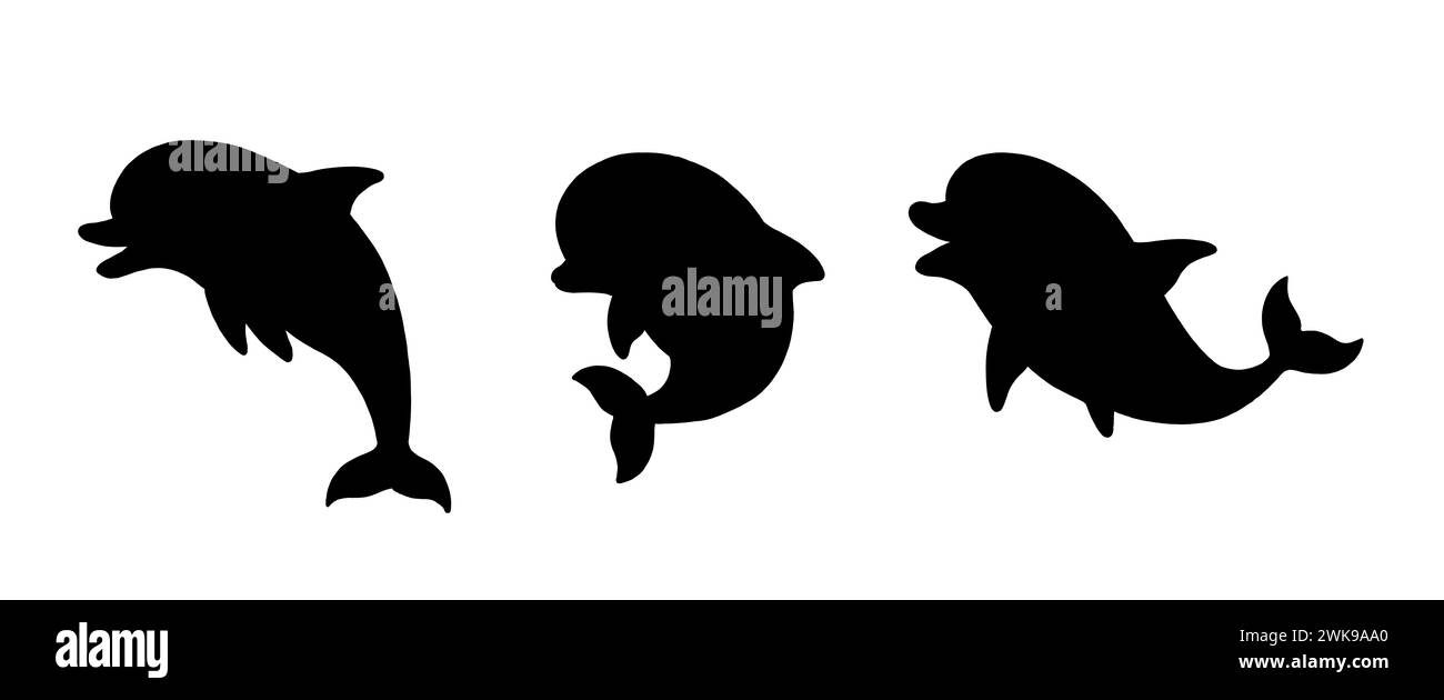 Set di delfini con silhouette nere. Modello con animali divertenti. Sagoma per i bambini da tagliare e attaccare. Foto Stock
