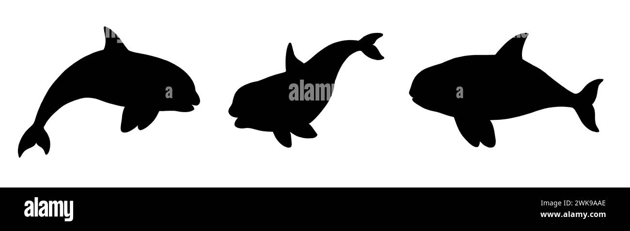 Set di silhouette nere orche. Modello con animali divertenti. Sagoma per i bambini da tagliare e attaccare. Foto Stock