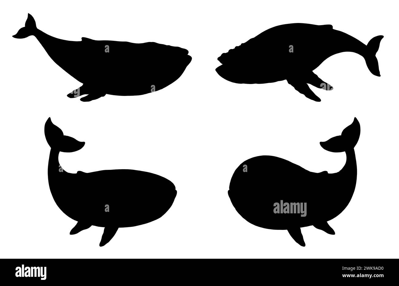Set di balene con silhouette nere. Modello con animali divertenti. Sagoma per i bambini da tagliare e attaccare. Foto Stock