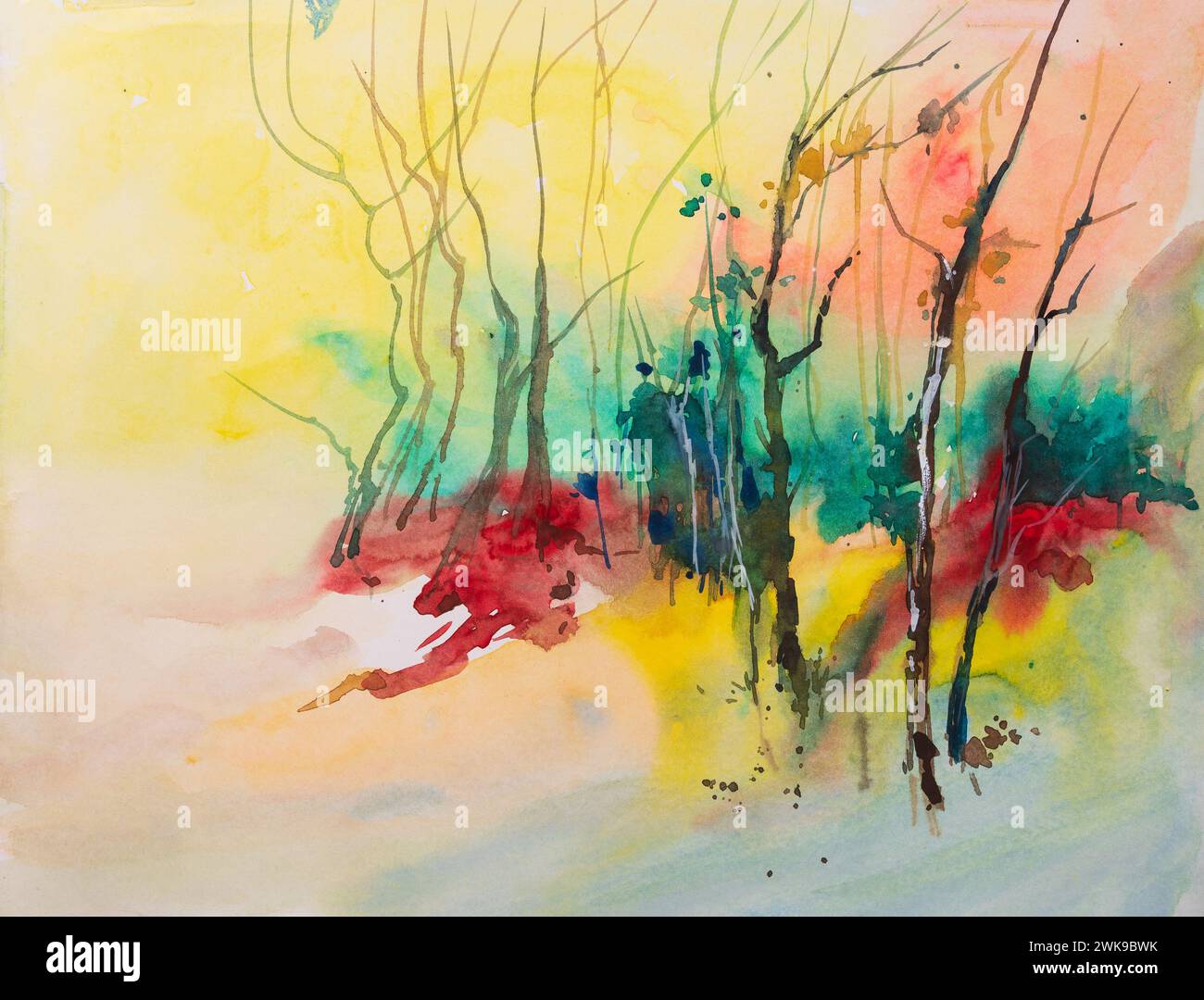 Colorato dipinto astratto di acquerelli di alberi senza fronzoli nella mattina d'inverno nella foresta. Illustrazione di acquerelli dipinti a mano. Artigianato indiano dipinto a mano. Foto Stock