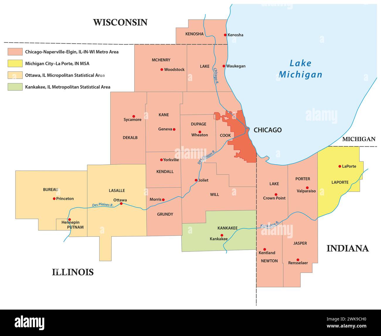 Mappa vettoriale amministrativa dell'area metropolitana di Chicago Foto Stock