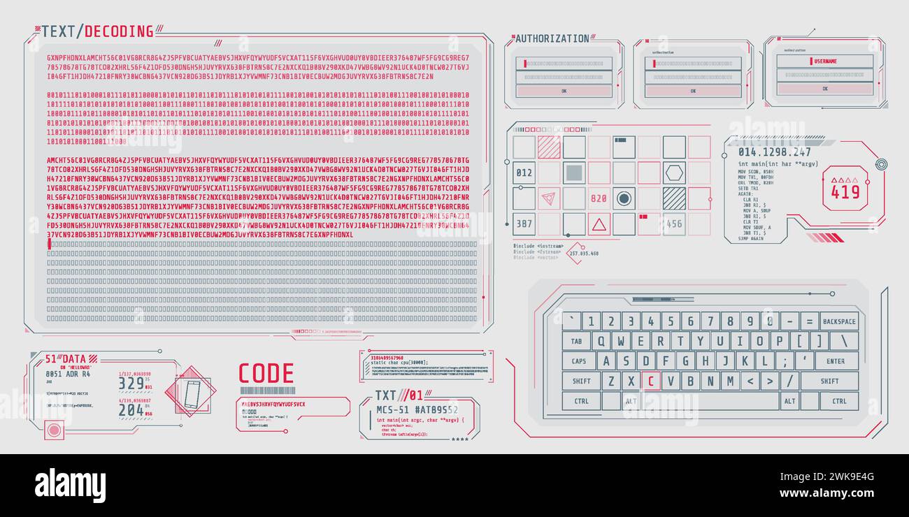 Elementi di interfaccia HUD per la schermata dei dati di decodifica. Illustrazione Vettoriale