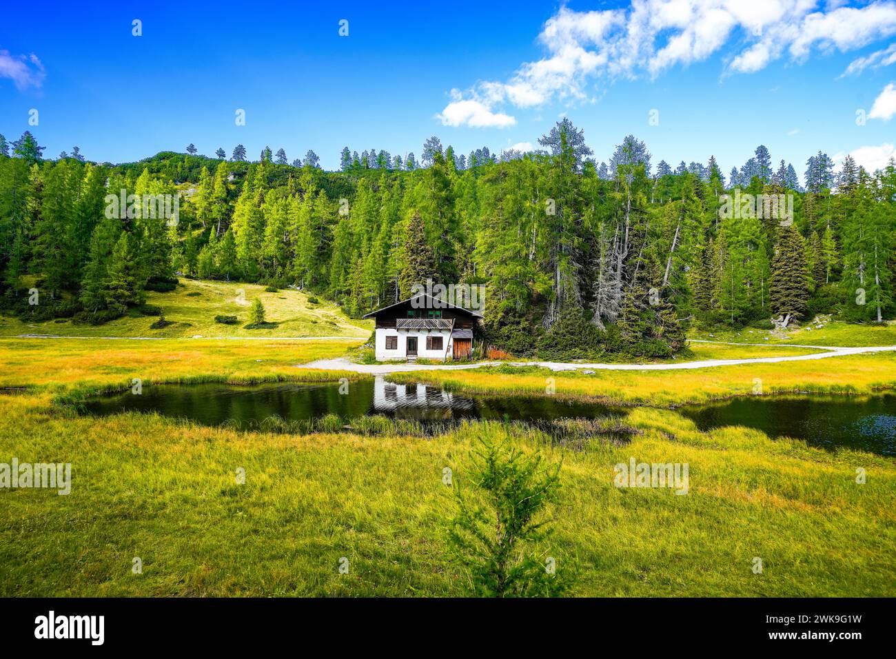 Krallersee sull'altopiano del Tauplitzalm. Vista sul lago presso il Toten Gebirge in Stiria. Paesaggio idilliaco con natura verde e un lago Foto Stock