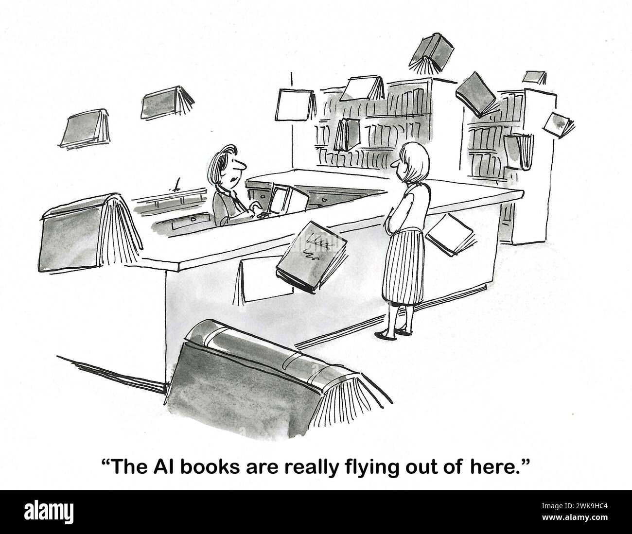 Un cartone animato BW che mostra libri volanti. Il bibliotecario indica che i clienti sono interessati ai libri sull'intelligenza artificiale. Foto Stock