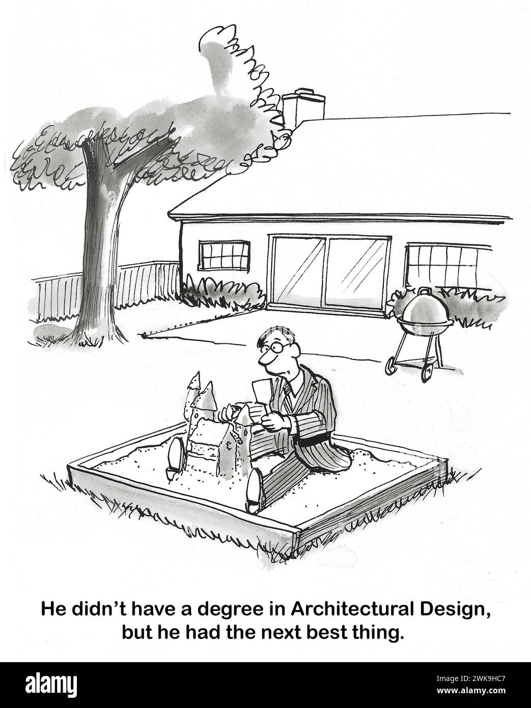 Fumetto BW di un uomo molto felice di progettare castelli nella sabbia, quasi quanto una laurea in architettura. Foto Stock