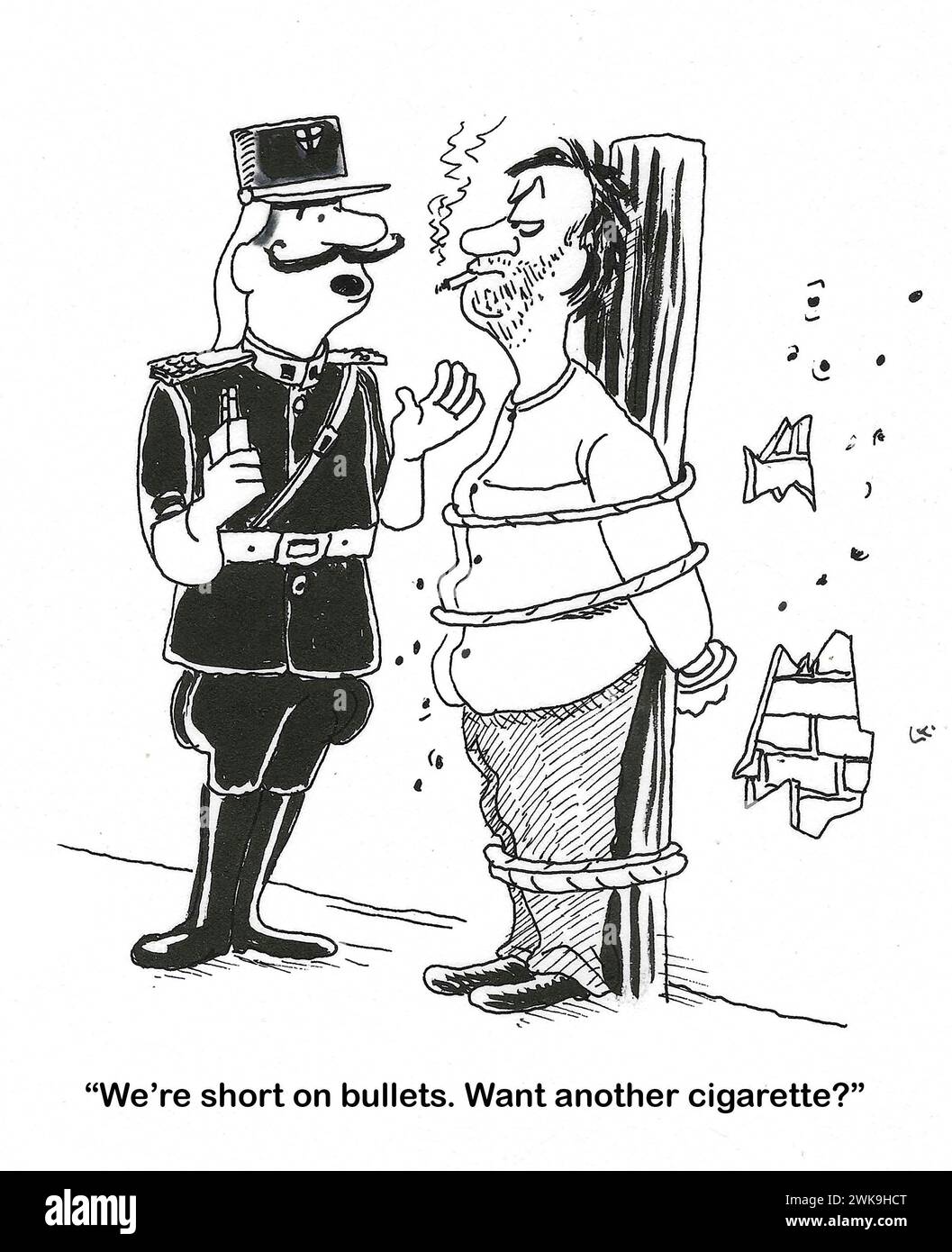 La guardia della prigione dice al prigioniero nel braccio della morte che la prigione è senza proiettili, che deve morire fumando più sigarette. Foto Stock