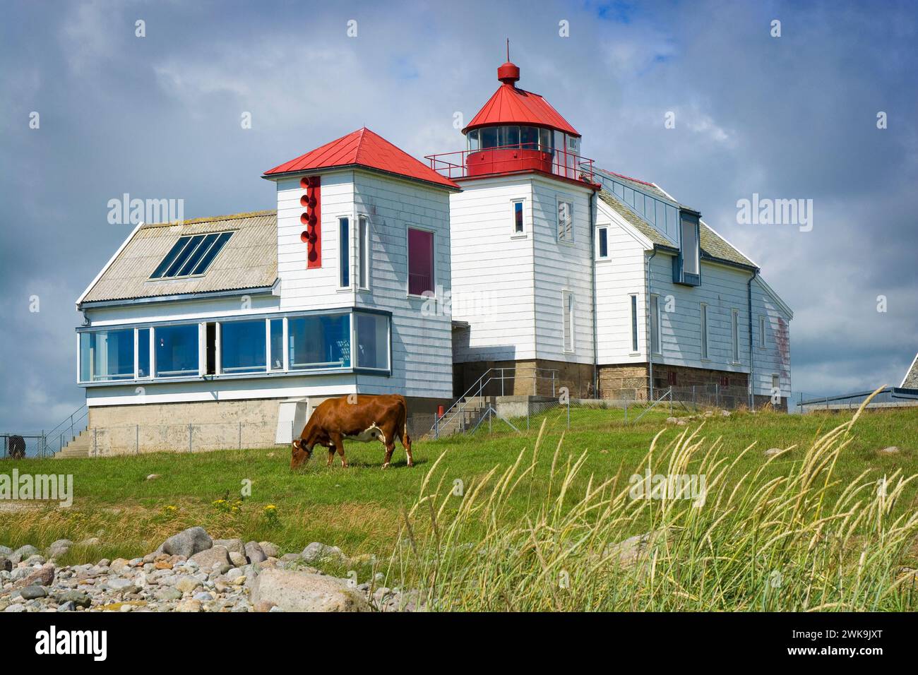 Vecchio faro storico di Kvassheim sulla strada panoramica di Jæren, Norvegia Foto Stock