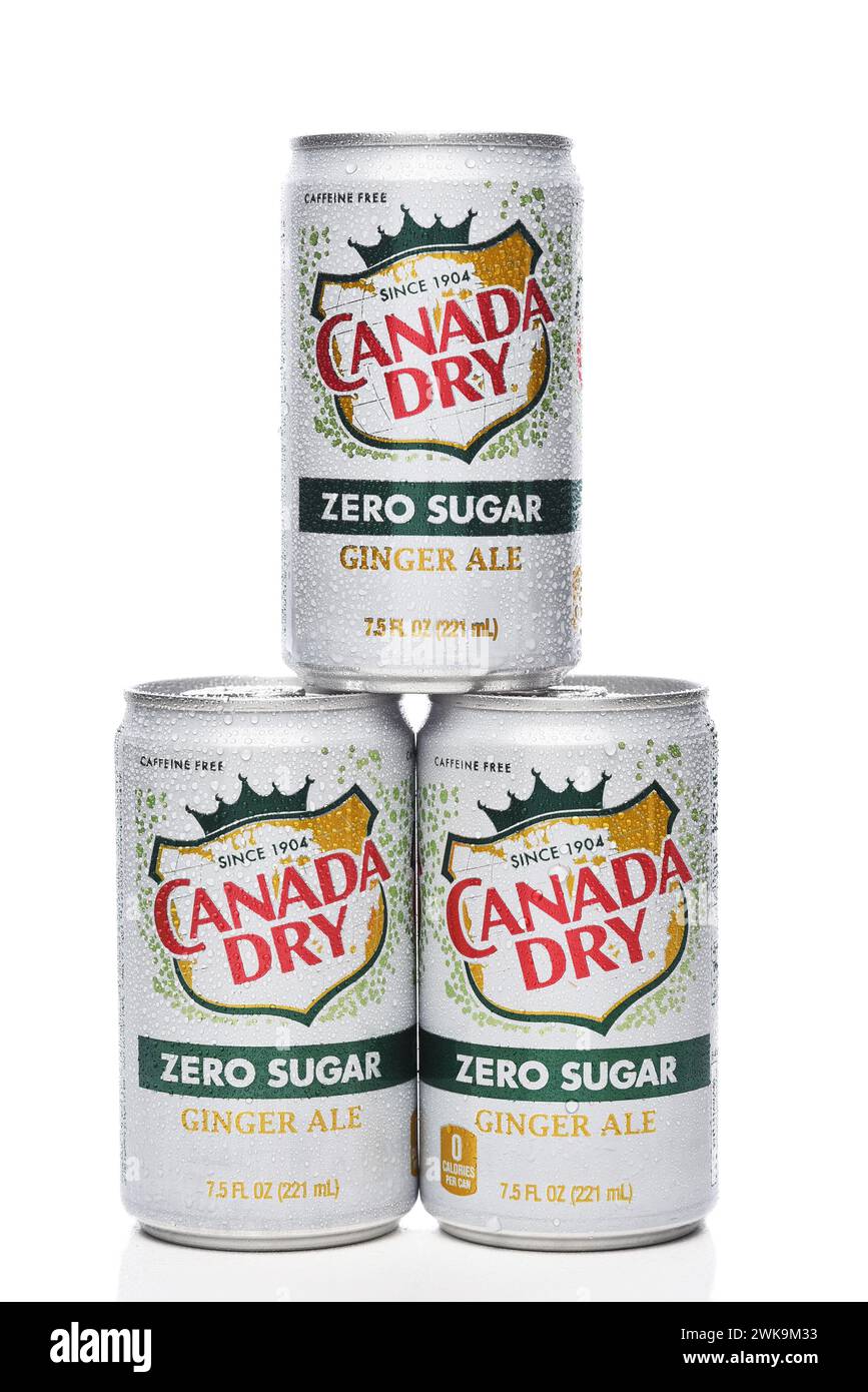 IRVINE, CALIFORNIA - 18 febbraio 2024: Una pila di tre mini lattine di Canada Dry Ginger Ale senza zucchero con condensa. Foto Stock