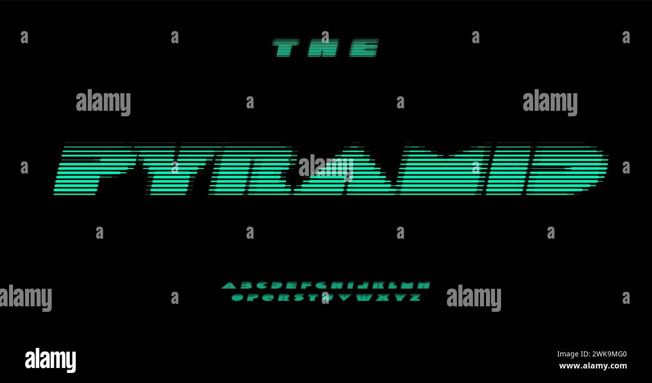 Font Cyber Digital con effetto 3D, design dinamico e astratto a lettere larghe. Moderno alfabeto futuristico per branding, musica, giochi, corse Illustrazione Vettoriale