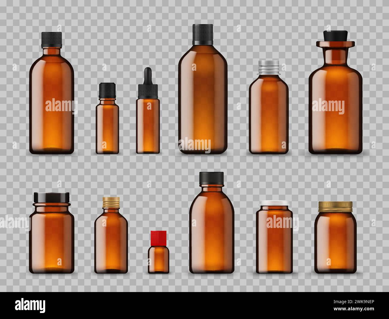 Bottiglie ambrate, olio cosmetico e mockup farmaceutici in vetro marrone, vasi vettoriali. Flaconi ambrati o flaconcini per medicinali e farmacia con contagocce per pipette e tappo in gomma nero per olio essenziale o sciroppo Illustrazione Vettoriale