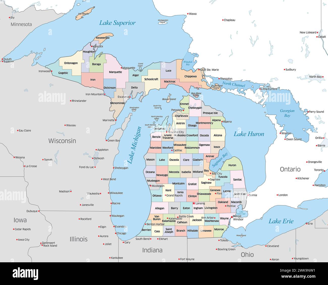 Mappa che mostra le varie contee che compongono lo stato del Michigan, situate negli Stati Uniti Foto Stock