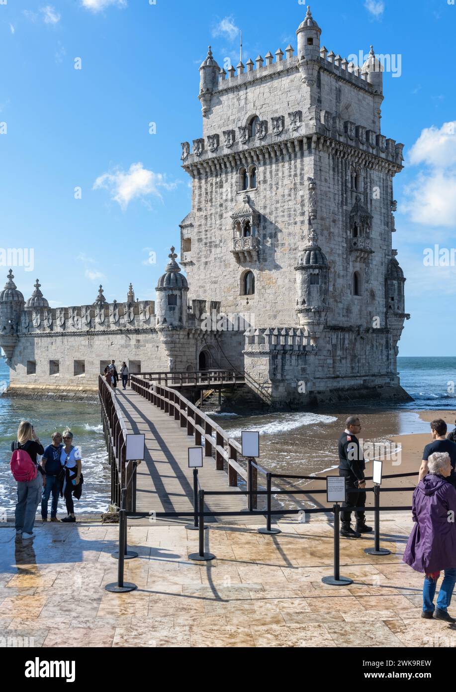 Torre de Belem, Lisbona, Portogallo, patrimonio dell'umanità dell'UNESCO, conosciuta anche come la Torre di San Vincenzo Foto Stock