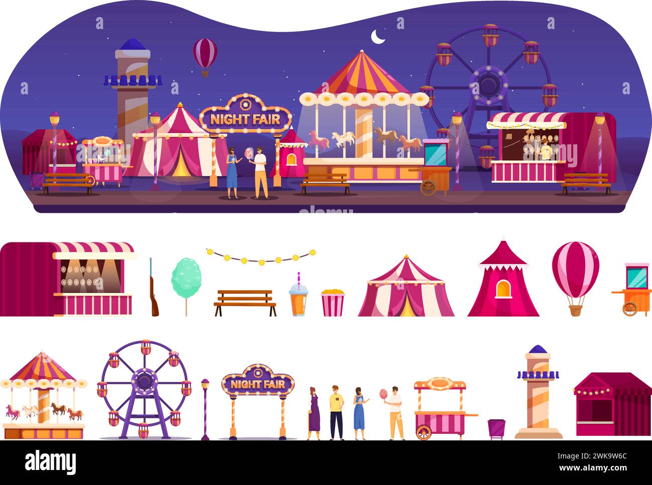 Le icone della fiera notturna impostano il vettore dei cartoni animati. Stallo del mercato. Chiosco Street Marketplace Illustrazione Vettoriale