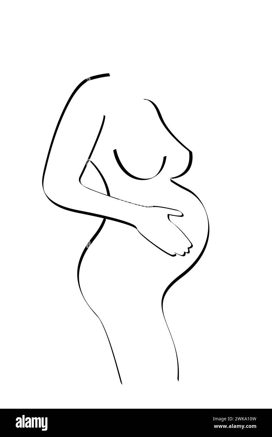 concetto di donna incinta, illustrazione vettoriale della gravidanza in un design a linea piatta. Icona nera con logo, sottile segno lineare per ginecologo isolato Illustrazione Vettoriale