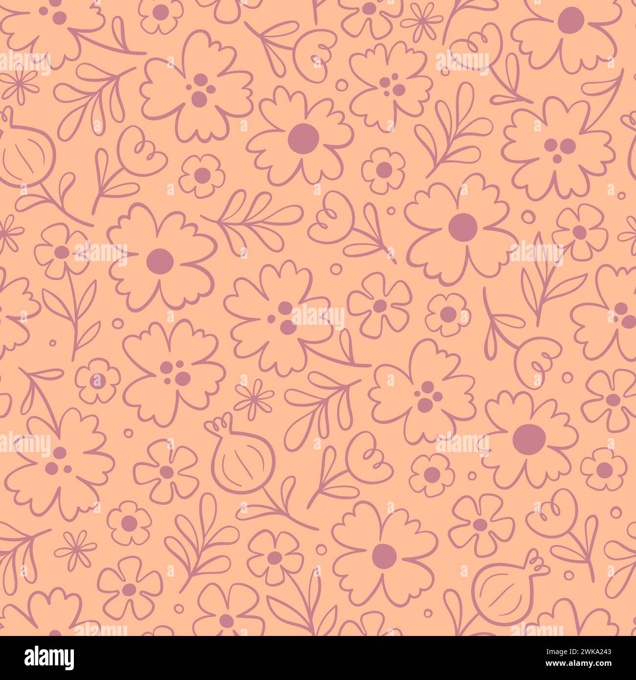 Motivo floreale senza cuciture in calde tonalità peacee. Motivo senza cuciture con fiori di line art. Illustrazione vettoriale. Illustrazione Vettoriale