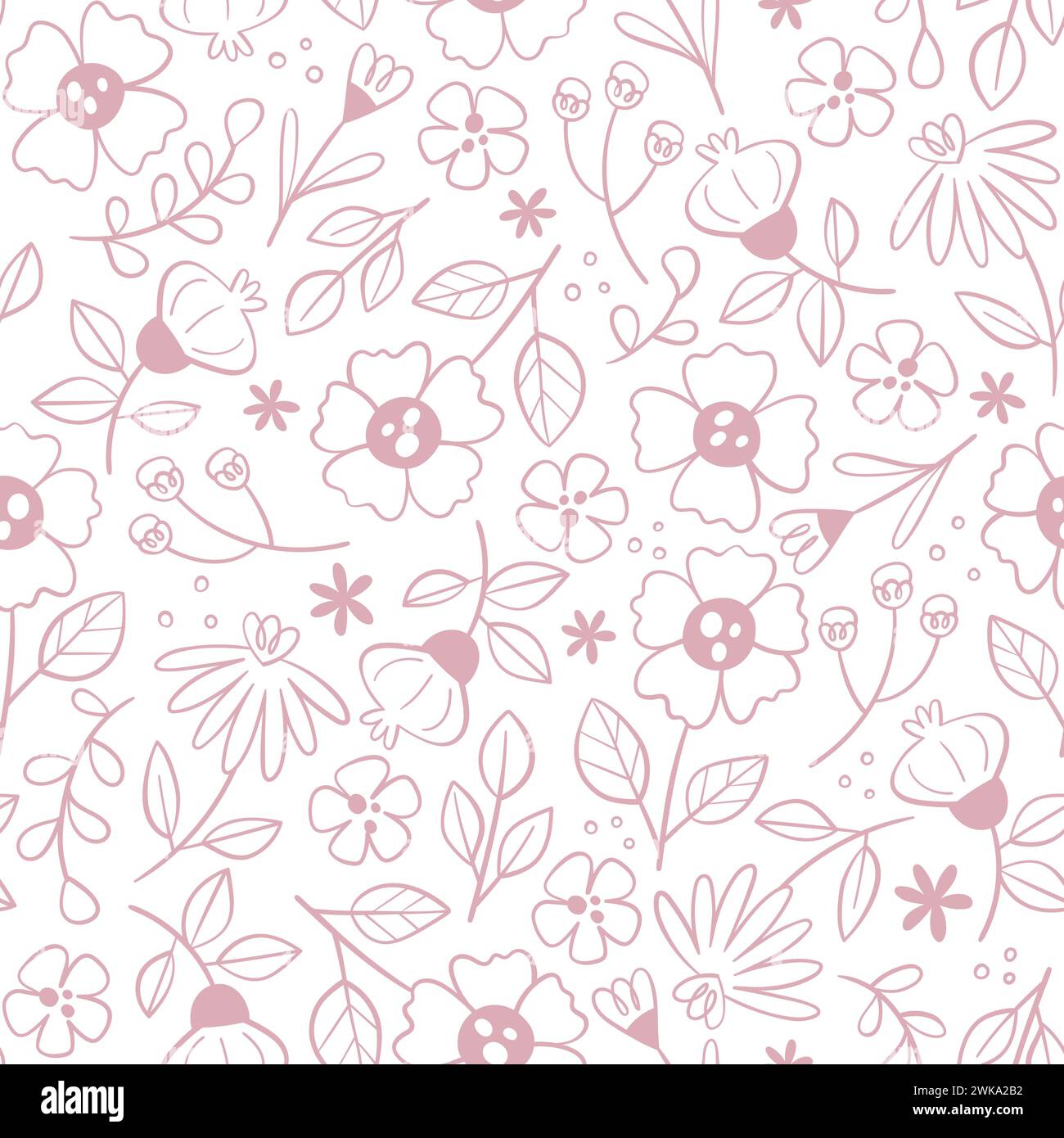 Motivo floreale senza cuciture in stile doodle. Grazioso motivo floreale senza cuciture con fiori line art isolati su sfondo bianco. Illustrazione vettoriale. Illustrazione Vettoriale